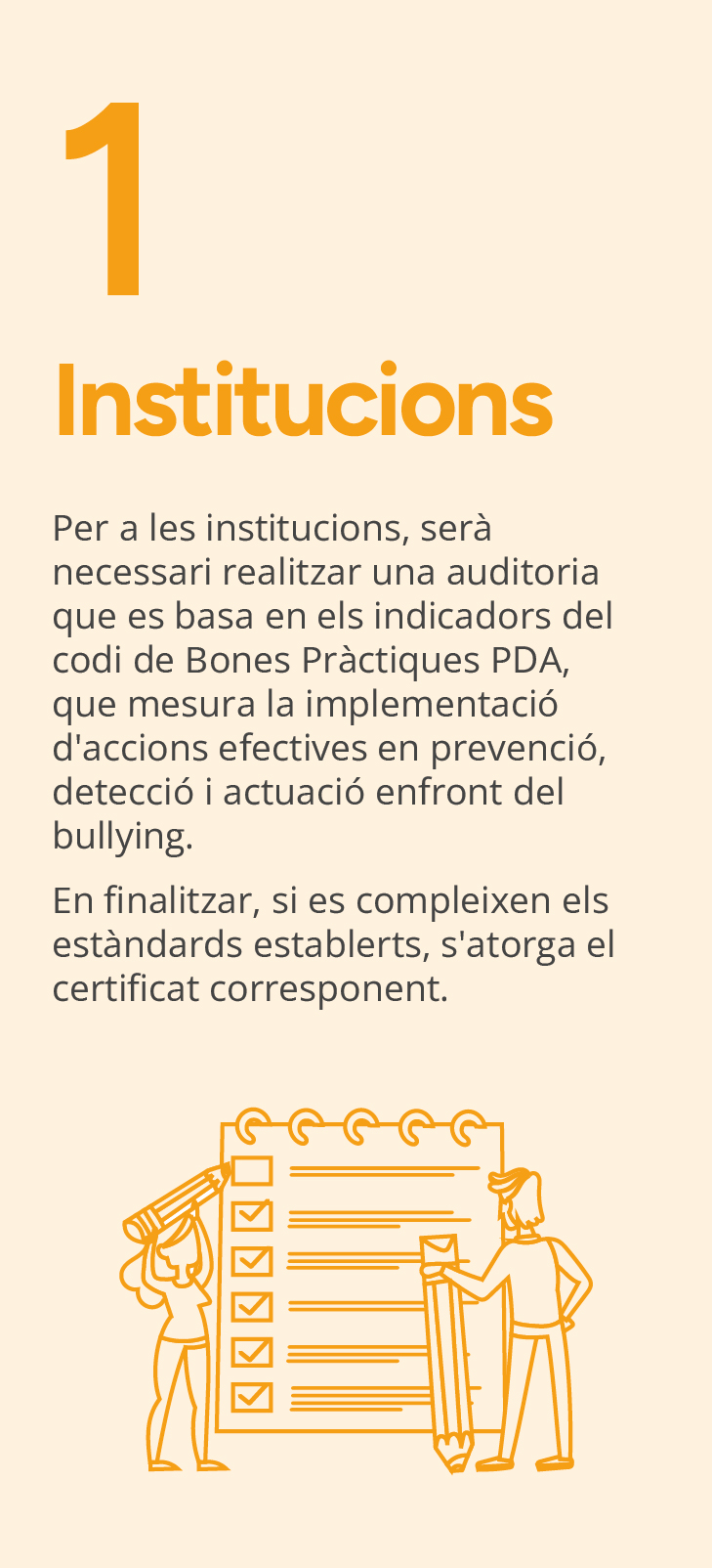Per a les institucions, serà necessari realitzar una auditoria que es basa en els indicadors del codi de Bones Pràctiques PDA, que mesura la implementació d'accions efectives en prevenció, detecció i actuació davant el bullying. En finalitzar, si es compleixen els estàndards establerts, s'atorga el certificat corresponent.